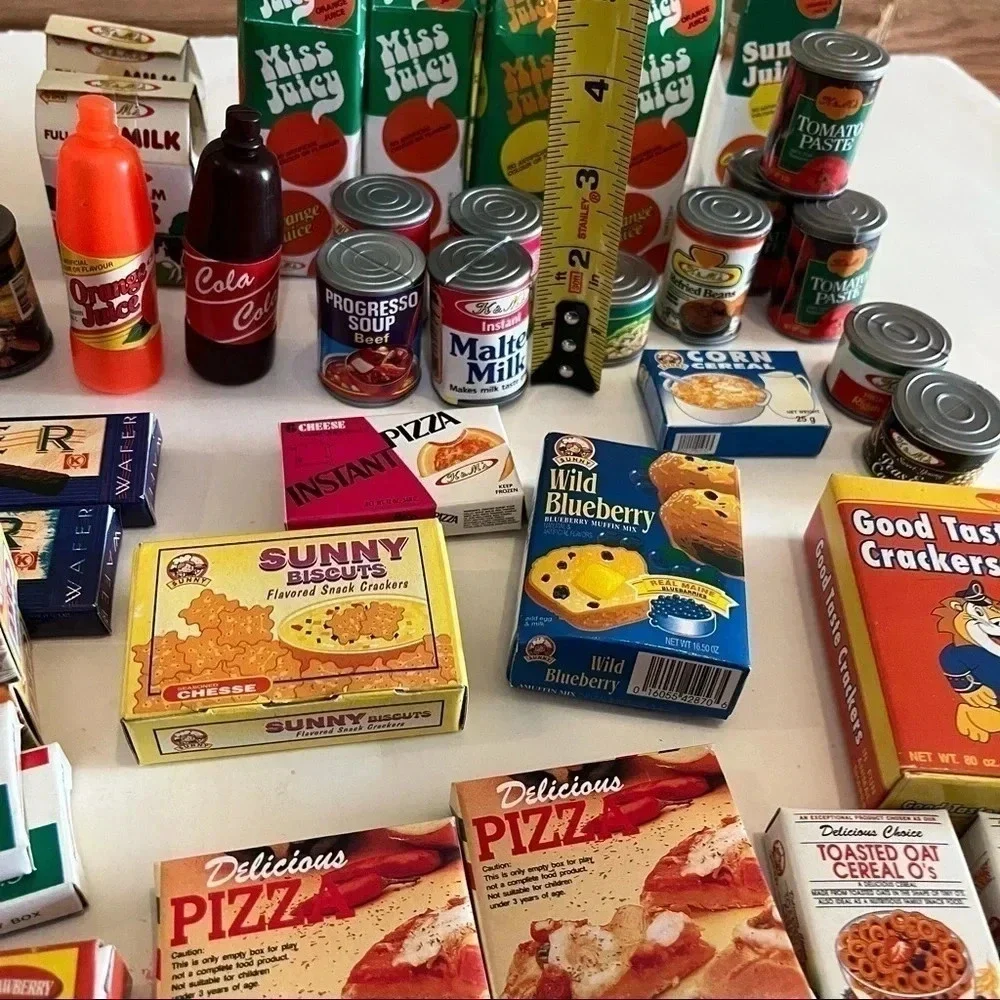 Lot 45 Vtg Pretend Play Food Mini Boxes Cans Coca Cola Progreso Milk Pizza Pasta
